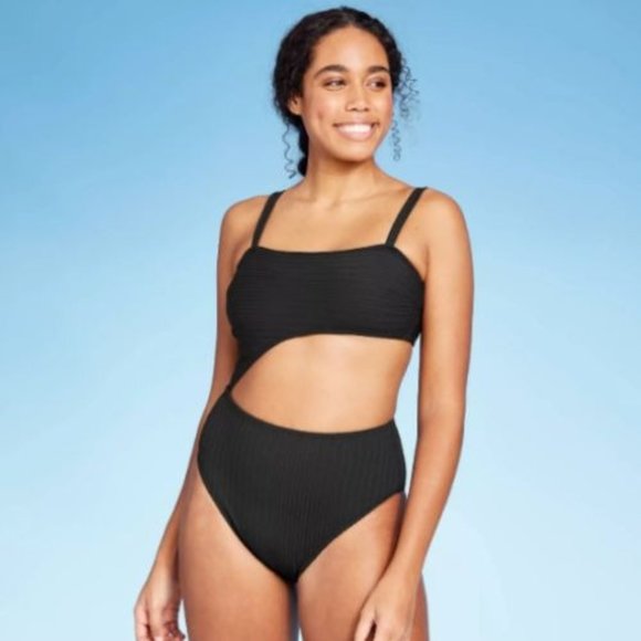Women's Ribbed Cut Out One Piece Swimsuit - Shade & Shore, Black Medium - Picture 1 of 8